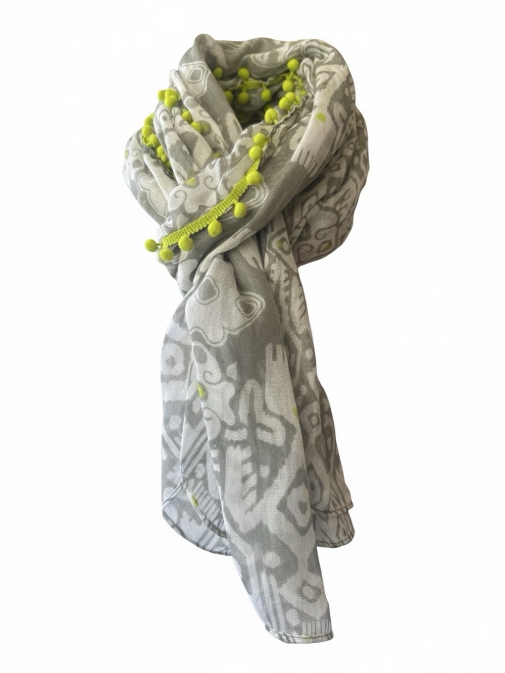 CAPELLI Scarf Ikat Pom Poms Neon Bohemian Grey White Neon Green Long